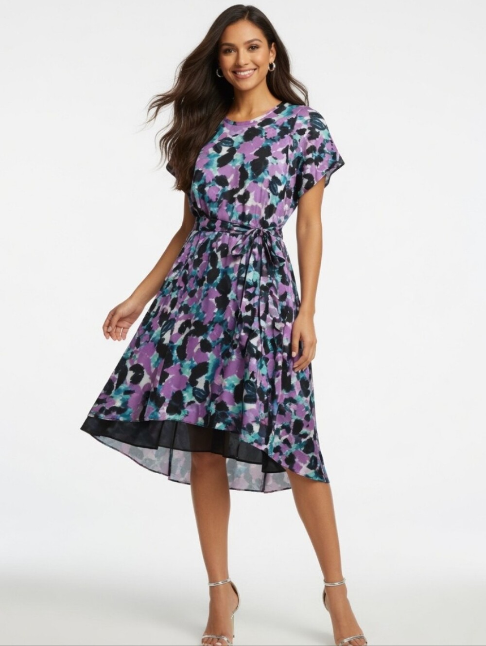 Donna Ricco Purple Floral High-Low Tie Waist Flowing Dress (Size:6)